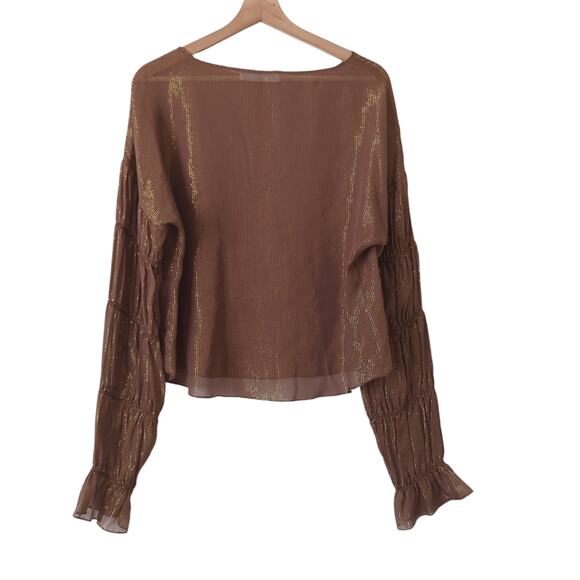 Amanda Uprichard Blouse Large Womens Top Sheer Long Sleeve Gold Metallic Silk - Picture 2 of 9